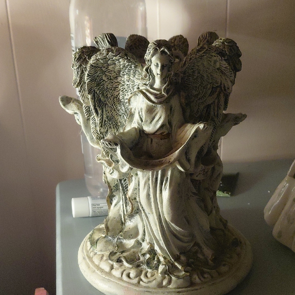 1990,3 Antique Angel Pillar Candle  Sculpture in Cream and Gray 8in